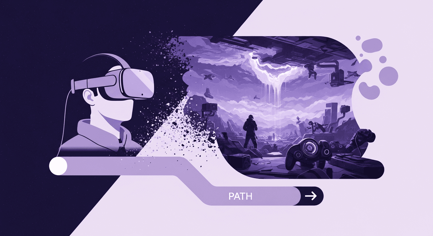 Your Skybox Is Wearing Thin: How 360 Textures Became the Engine A split illustration showing the side profile of a person wearing a virtual reality (VR) headset on the left. The scene disintegrates from the headset into a complex, detailed 360-degree apocalyptic or sci-fi landscape on the right, which features figures, lightning, game controllers, and detailed terrain.