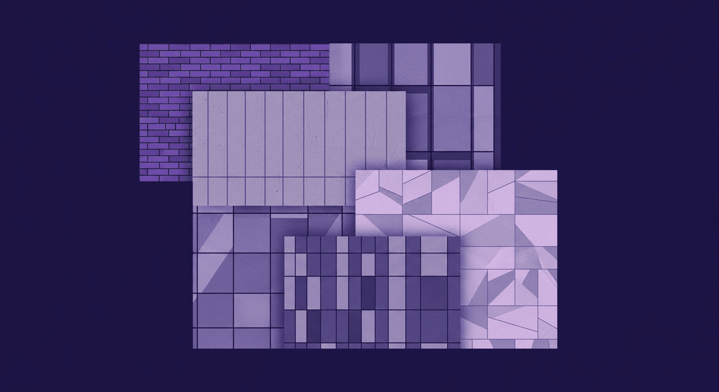 More Than Skin Deep: How Facade Textures Drive Building Performance An abstract, purple-toned collage showcasing various architectural facade textures, including brick, modular panels, glass, and geometric patterns, symbolizing how external material choices deeply impact a building's performance and energy efficiency.
