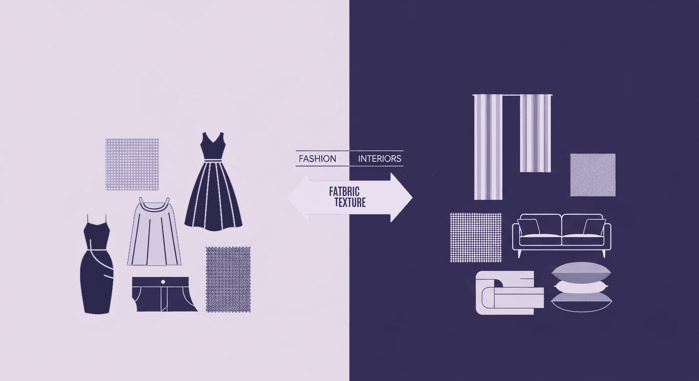 How Fabric Texture Shapes Design Strategy in Fashion and Interiors A conceptual diagram split into two sides: the left side displays various clothing items (fashion) and fabric swatches, while the right side displays furniture and curtains (interiors). A central arrow labelled Fabric Texture points toward both, illustrating how texture shapes design strategy across both industries.
