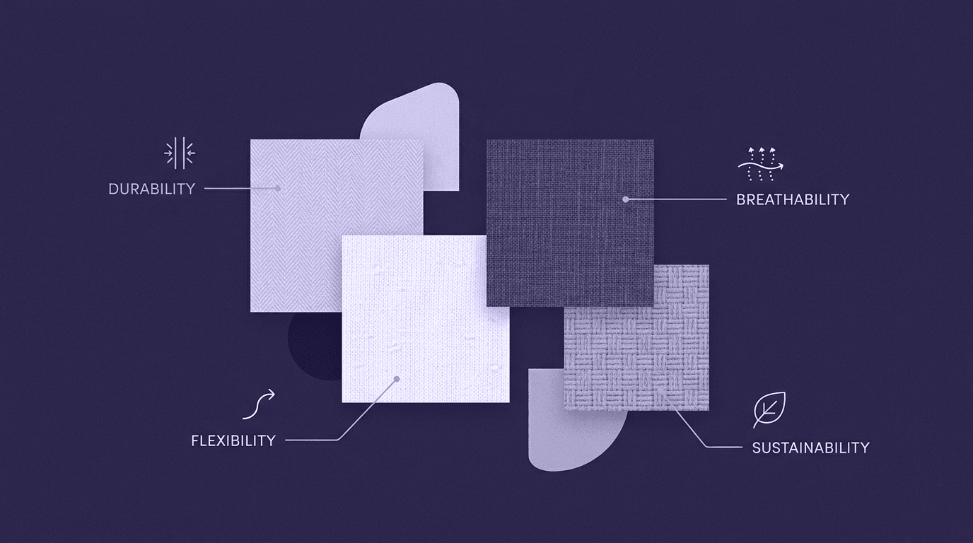 Textile Standards Explained: How to Judge Quality, and Choose the Right Fabric An infographic showcasing four fabric swatches with callouts for Durability, Breathability, Flexibility, and Sustainability standards.