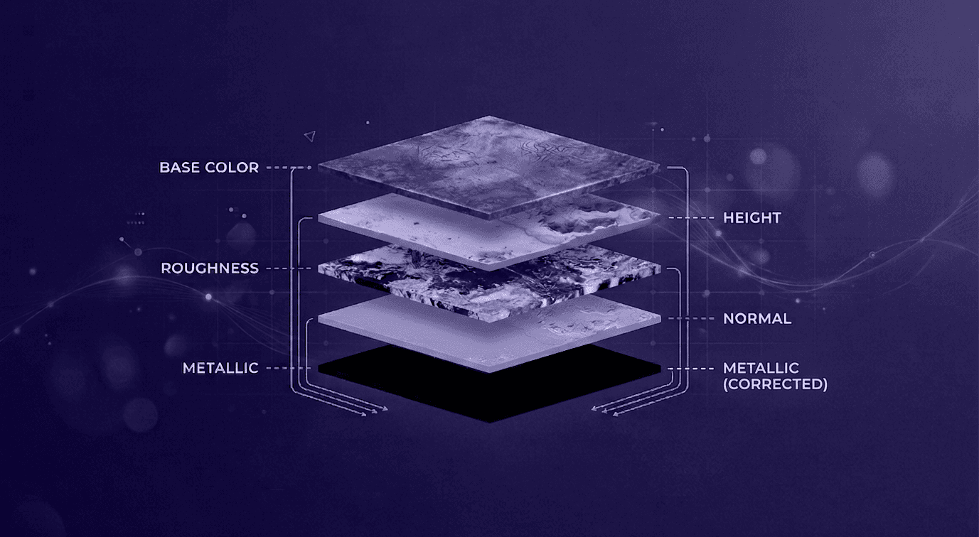 Top 5 Benefits of Using PBR Textures in Digital Design A technical 3D infographic showing a disassembled, layered stack of PBR texture channels including Base Color, Height, Roughness, Normal, Metallic, and Metallic maps.