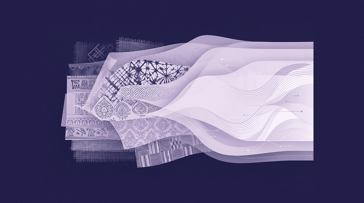 How Cultural Textile Traditions Shape Modern Fabric Texture Design An abstract graphic illustration showing traditional global textile patterns and fabrics on the left blending into flowing, modern digital design lines and waves on the right against a dark purple background.