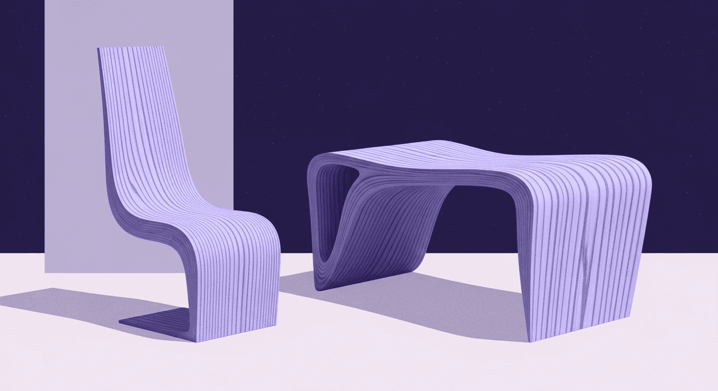 Rethinking Wood Veneer: How Innovative Techniques Are Shaping Modern Furniture An artistic graphic illustrating a 3D rendering of two pieces of modern, organic-shaped furniture—a chair and a table—made of vertically striped, purple wood veneer texture, symbolizing innovative techniques in contemporary furniture design.