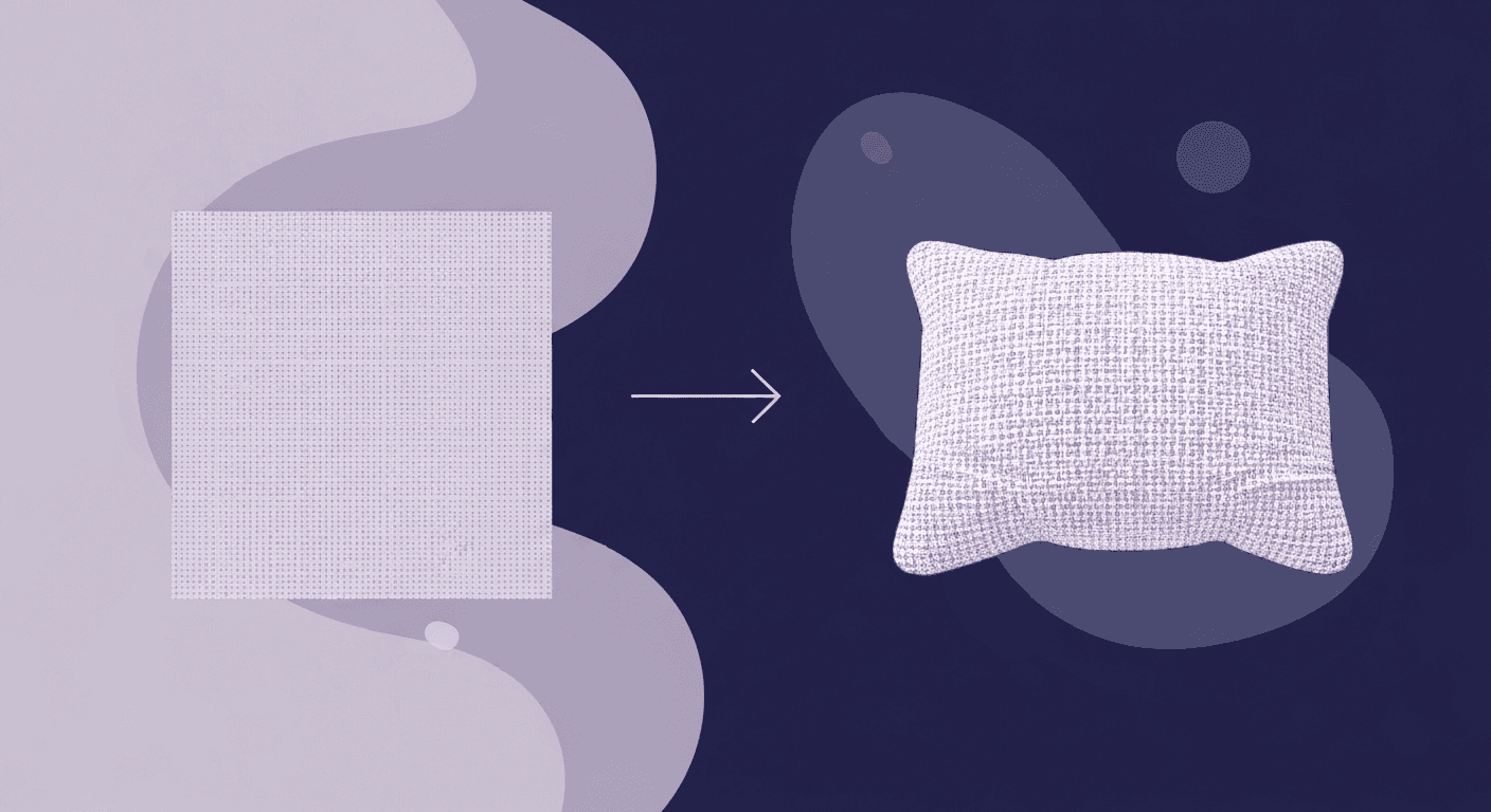 How 4K Seamless Textures Transform Flat CG Into Tangible Fabric An illustration depicting a transformation. On the left, a flat, light purple square with a fine, grid-like texture represents a seamless CG texture. An arrow points to the right, where a plump, realistic 3D pillow with a detailed woven fabric texture is displayed, demonstrating how seamless textures add depth and tangibility to flat computer graphics.