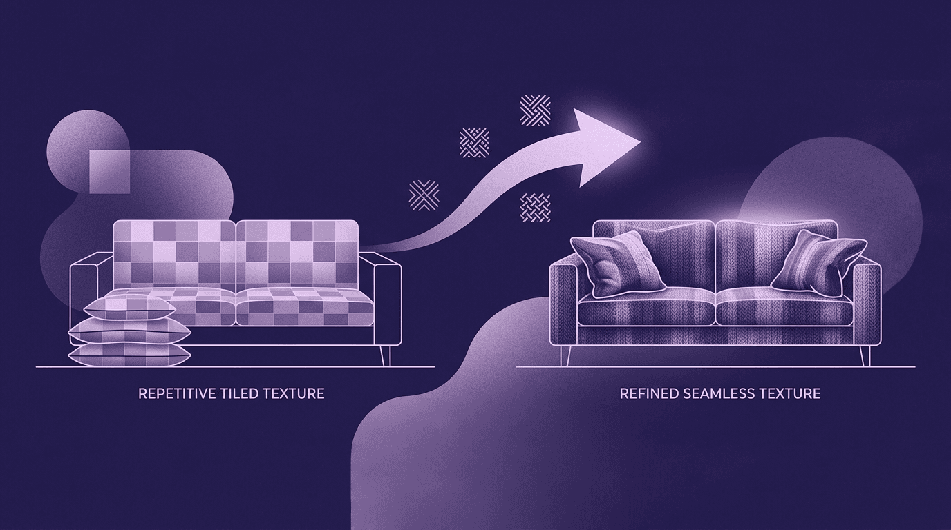 7 Steps to Enhancing 3D SketchUp Models with Seamless Fabric Textures A technical side-by-side comparison diagram of a 3D sofa in SketchUp, showing a harsh, checkered Repetitive Tiled Texture workflow transforming into a Refined Seamless Texture with organic weave continuity.