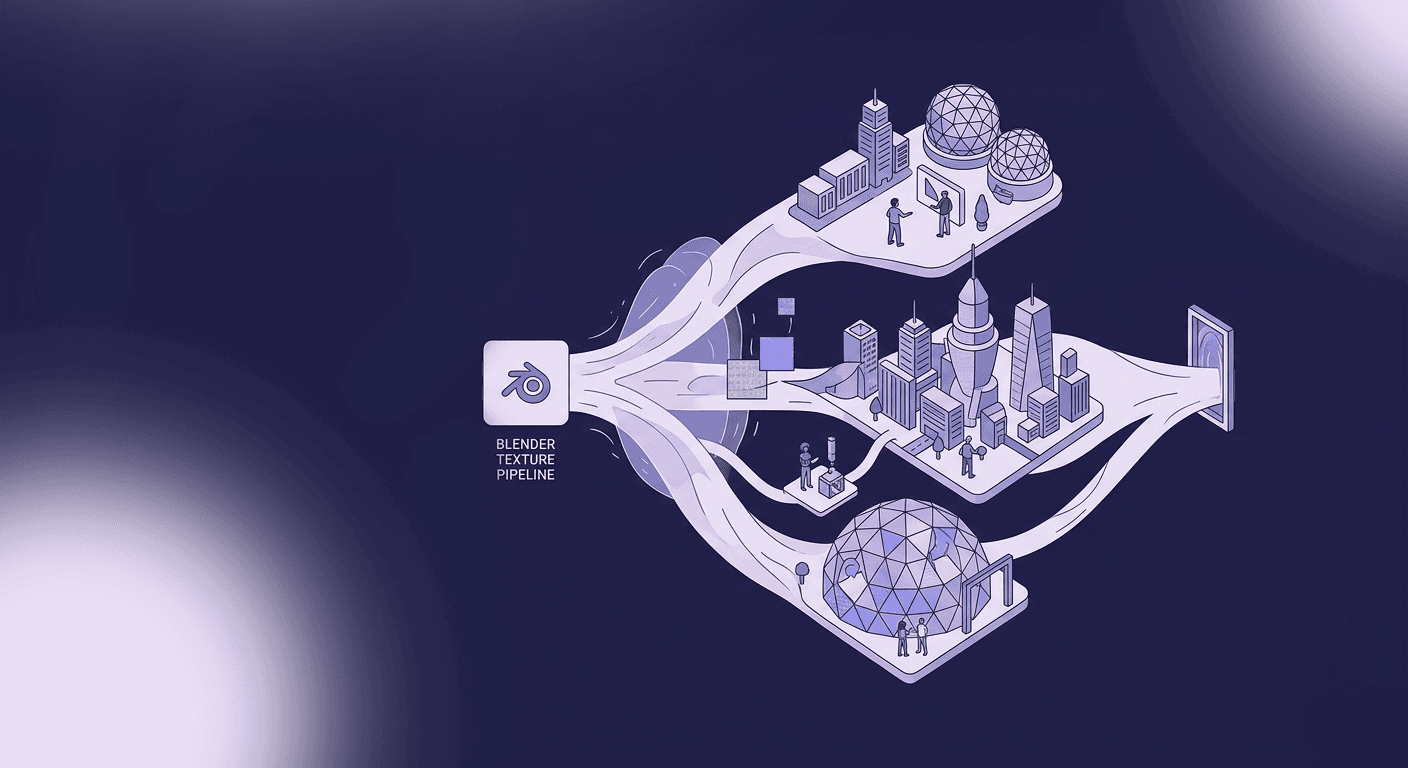 Fast-Track Your Worldbuilding: 3D Metaverse Texture Pipelines in Blender A technical infographic showing the Blender Texture Pipeline branching out to generate and map cohesive, optimized materials across complex metaverse cityscapes, futuristic structures, and geodesic dome environments.