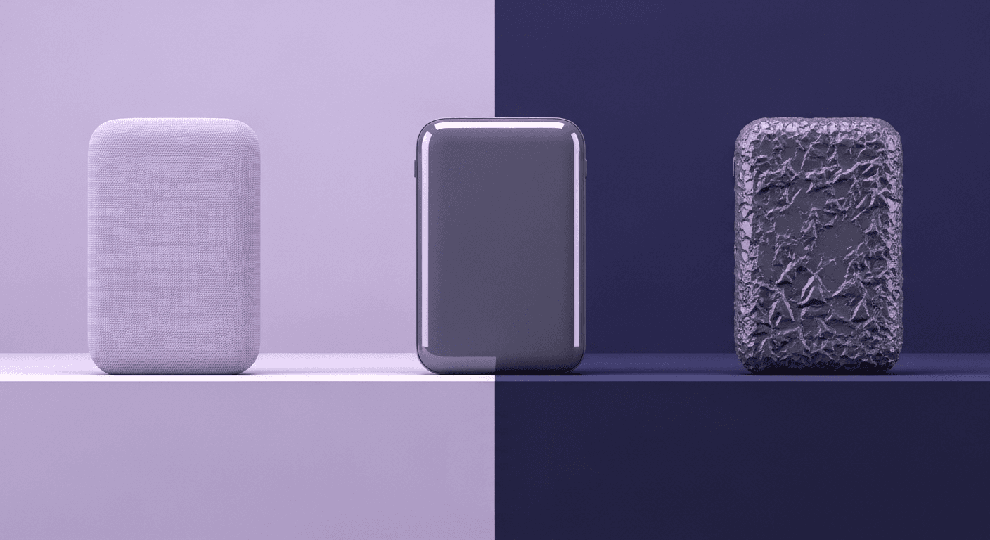 Beyond Color and Gloss: How Plastic Texture Tells Your Product's Story Three rounded rectangular devices made of plastic are displayed side-by-side. The left object features a woven plastic texture, suggesting a soft or grippy surface; the center object has a smooth, high-gloss plastic finish; and the right object has a dark, rugged, distressed plastic texture. This comparison demonstrates how surface texture tells a product's story.