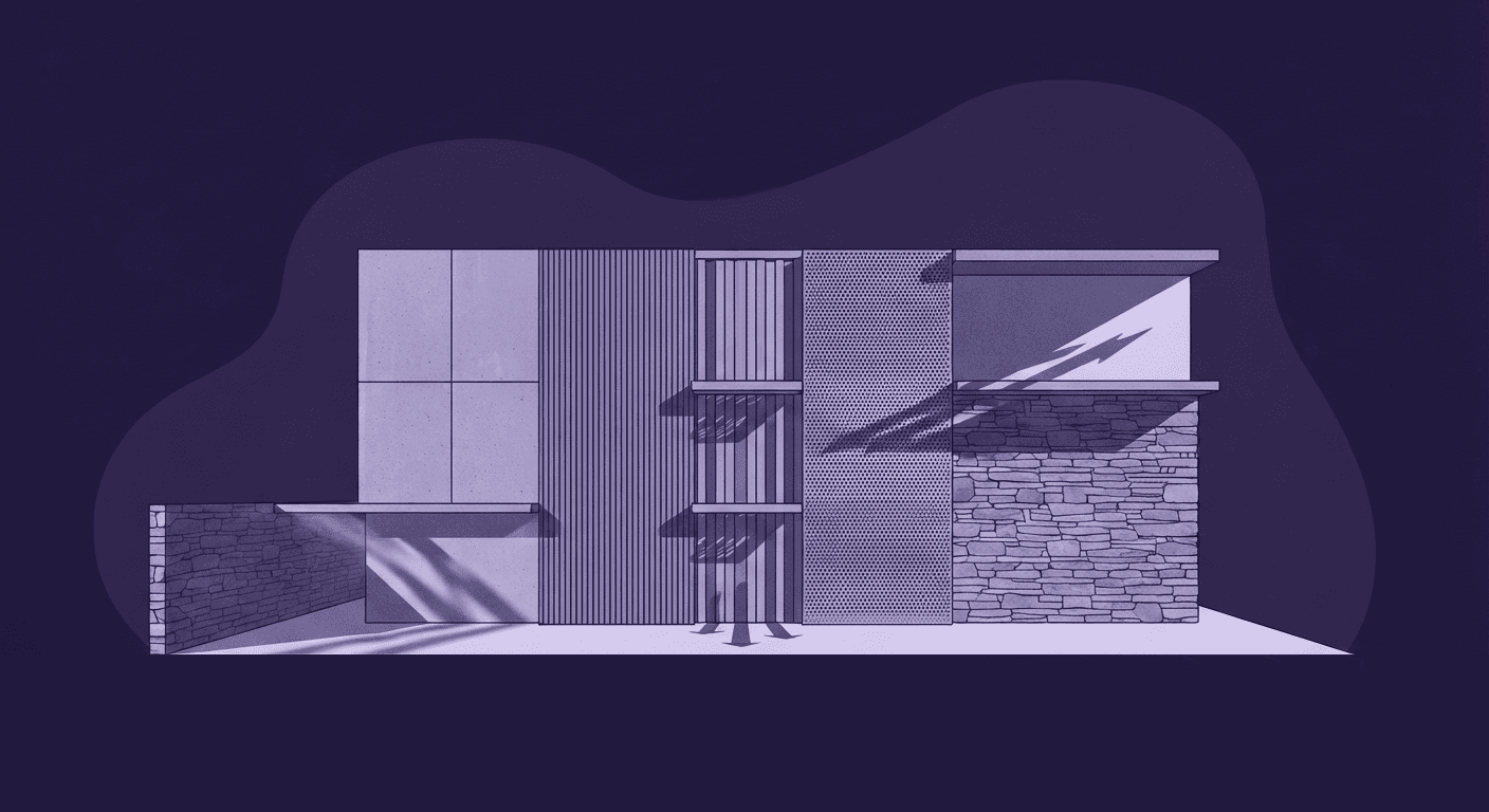 Sculpting with Sunlight: The Architectural Physics of Facade Textures An architectural rendering of a modern building facade showcasing a seamless transition between concrete panels, wood slats, perforated metal screens, and rough stone masonry under dynamic lighting.