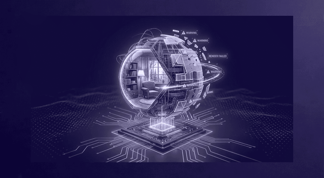 Why Your ARKit Textures Warp, Drift, and Lag And How to Fix It A technical 3D graphic showing an interior scene inside an unstable virtual sphere experiencing structural cracking, system warnings, and render failure alerts on a circuit board base.